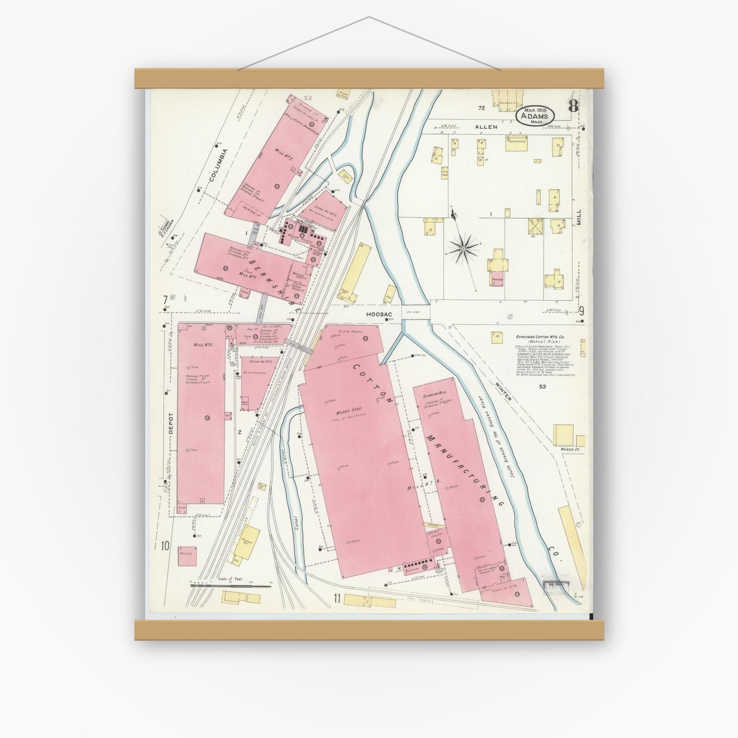 Old map wall art mockup — magnetic wood frame on white wall — Sanborn Fire Insurance Map from Adams, Berkshire County, Massachusetts (1908), Sheet #0008