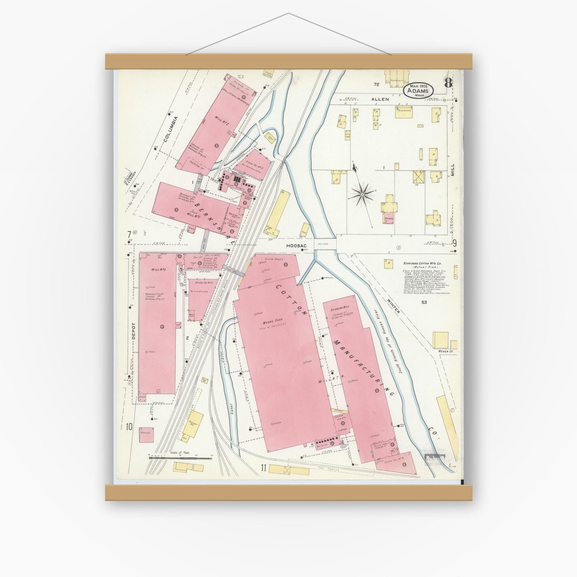 Old map wall art mockup — magnetic wood frame on white wall — Sanborn Fire Insurance Map from Adams, Berkshire County, Massachusetts (1908), Sheet #0008