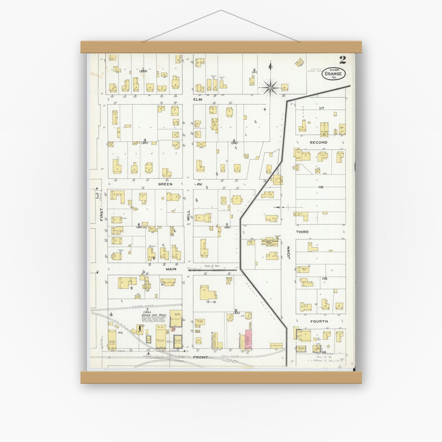 Old map wall art mockup — magnetic wood frame on white wall — Sanborn Fire Insurance Map from Orange, Orange County, Texas (1909), Sheet #0002