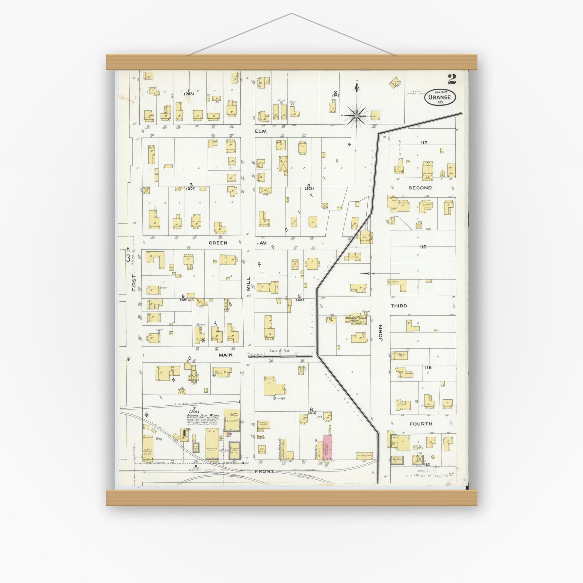 Old map wall art mockup — magnetic wood frame on white wall — Sanborn Fire Insurance Map from Orange, Orange County, Texas (1909), Sheet #0002