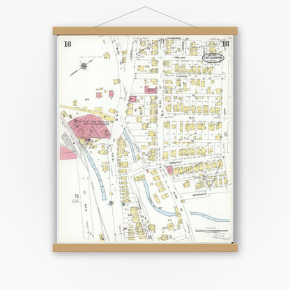 Old map wall art mockup — magnetic wood frame on white wall — Sanborn Fire Insurance Map from East Liverpool, Columbiana County, Ohio (1923), Sheet #0018