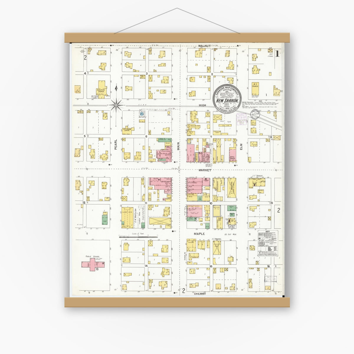 Old map wall art mockup — magnetic wood frame on white wall — Sanborn Fire Insurance Map from New Sharon, Mahaska County, Iowa (1902) â€” Complete Set