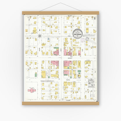 Old map wall art mockup — magnetic wood frame on white wall — Sanborn Fire Insurance Map from New Sharon, Mahaska County, Iowa (1902) â€” Complete Set