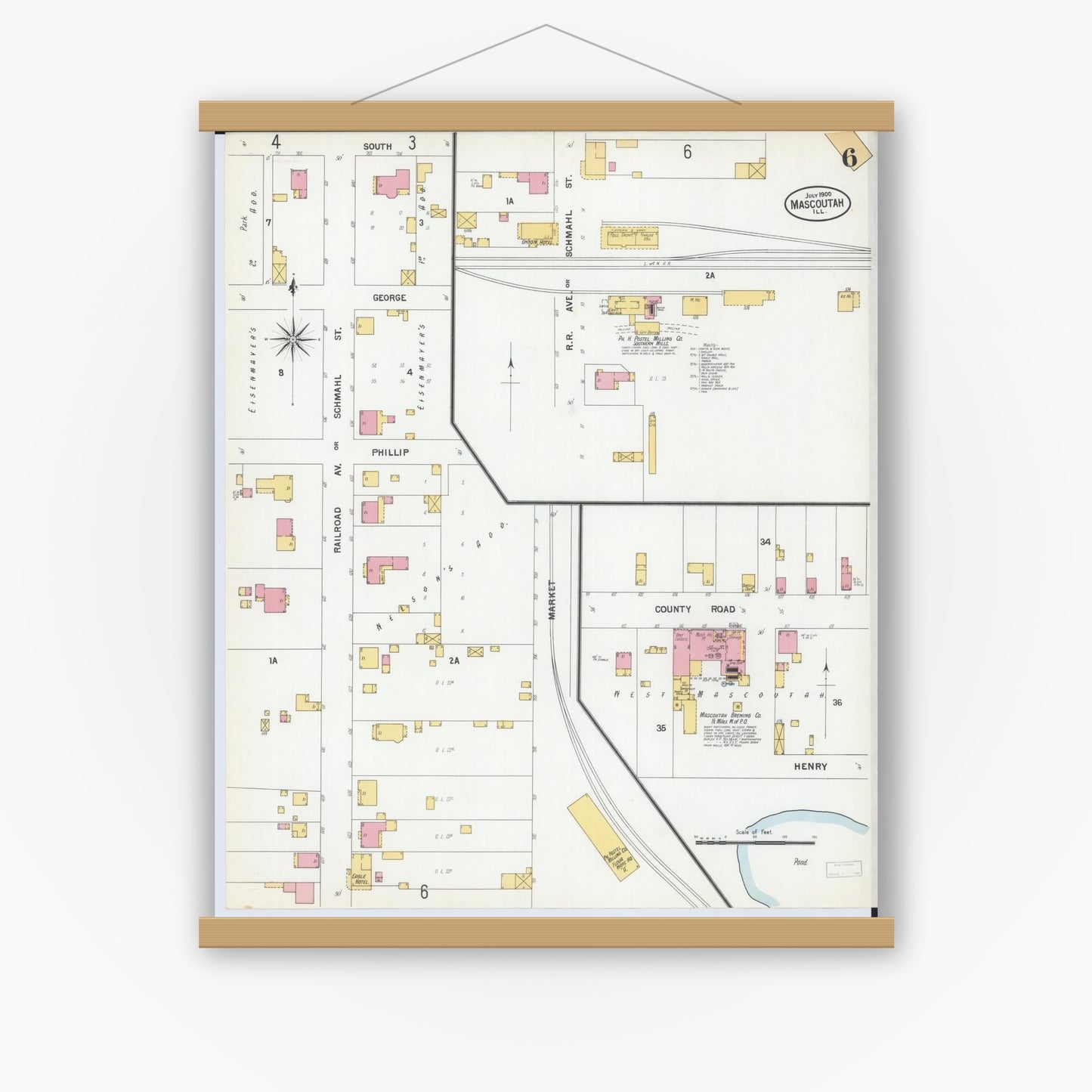 Old map wall art mockup — magnetic wood frame on white wall — Sanborn Fire Insurance Map from Mascoutah, Saint Clair County, Illinois (1900), Sheet #0006