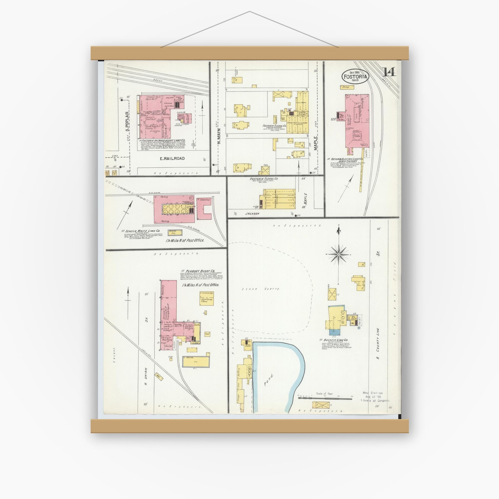 Old map wall art mockup — magnetic wood frame on white wall — Sanborn Fire Insurance Map from Fostoria, Seneca, Hancock, And Wood Counties, Ohio (1901), Sheet #0014