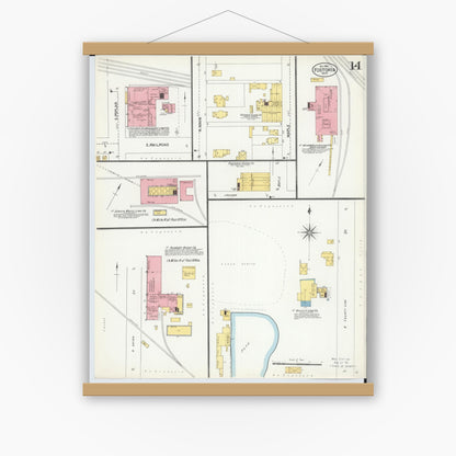 Old map wall art mockup — magnetic wood frame on white wall — Sanborn Fire Insurance Map from Fostoria, Seneca, Hancock, And Wood Counties, Ohio (1901), Sheet #0014