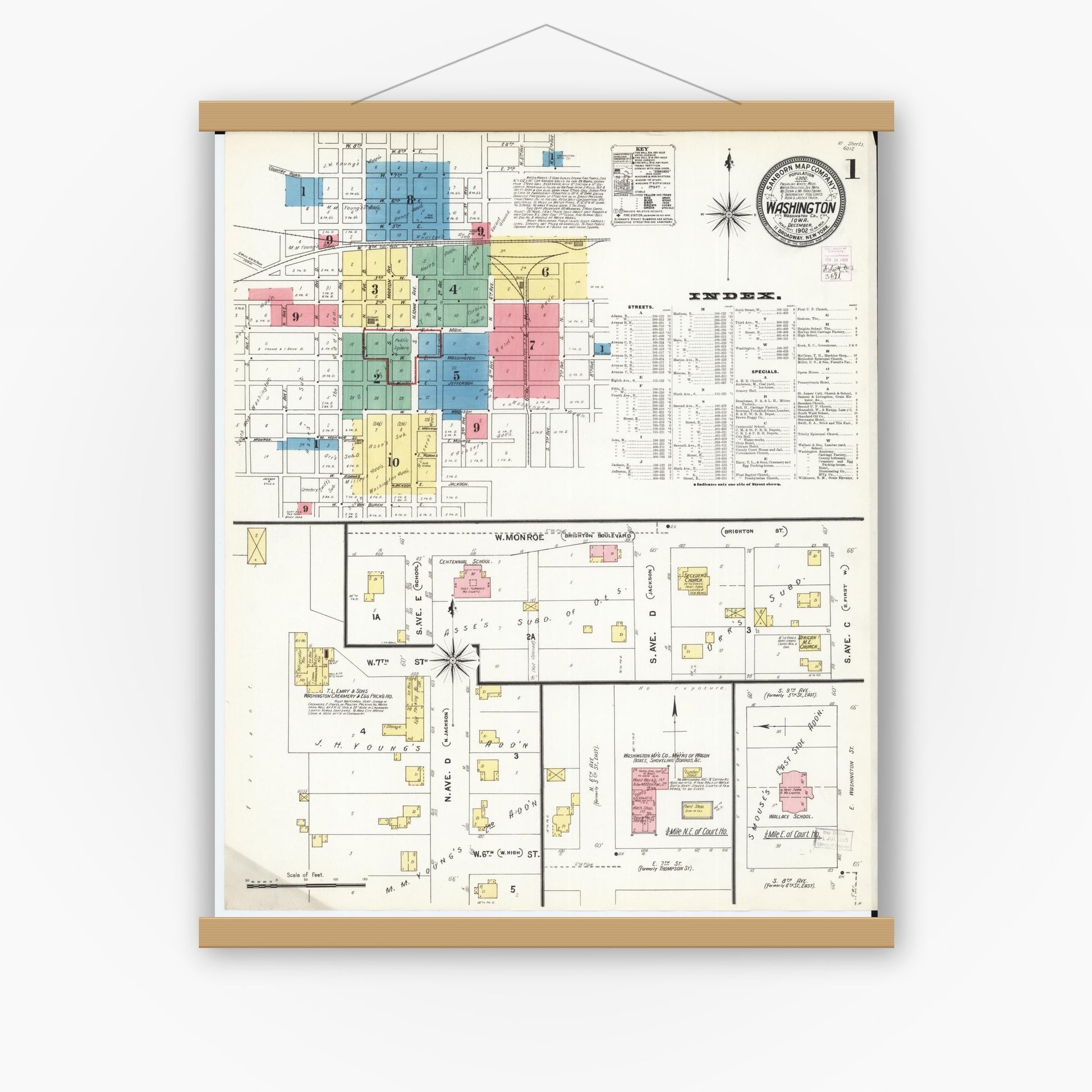 Old map wall art mockup — magnetic wood frame on white wall — Sanborn Fire Insurance Map from Washington, Washington County, Iowa (1902), Sheet #0001