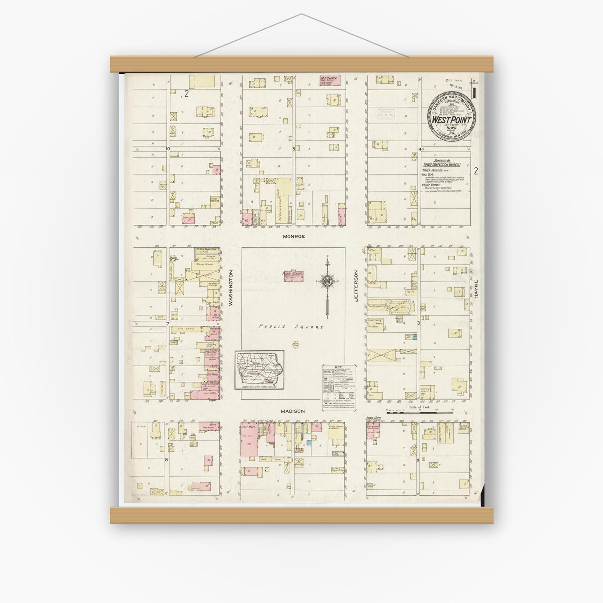 Old map wall art mockup — magnetic wood frame on white wall — Sanborn Fire Insurance Map from West Point, Lee County, Iowa (1914) â€” Complete Set