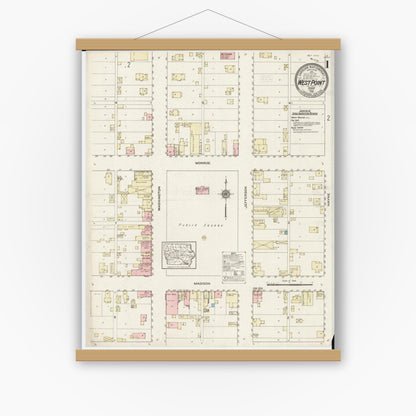 Old map wall art mockup — magnetic wood frame on white wall — Sanborn Fire Insurance Map from West Point, Lee County, Iowa (1914) â€” Complete Set