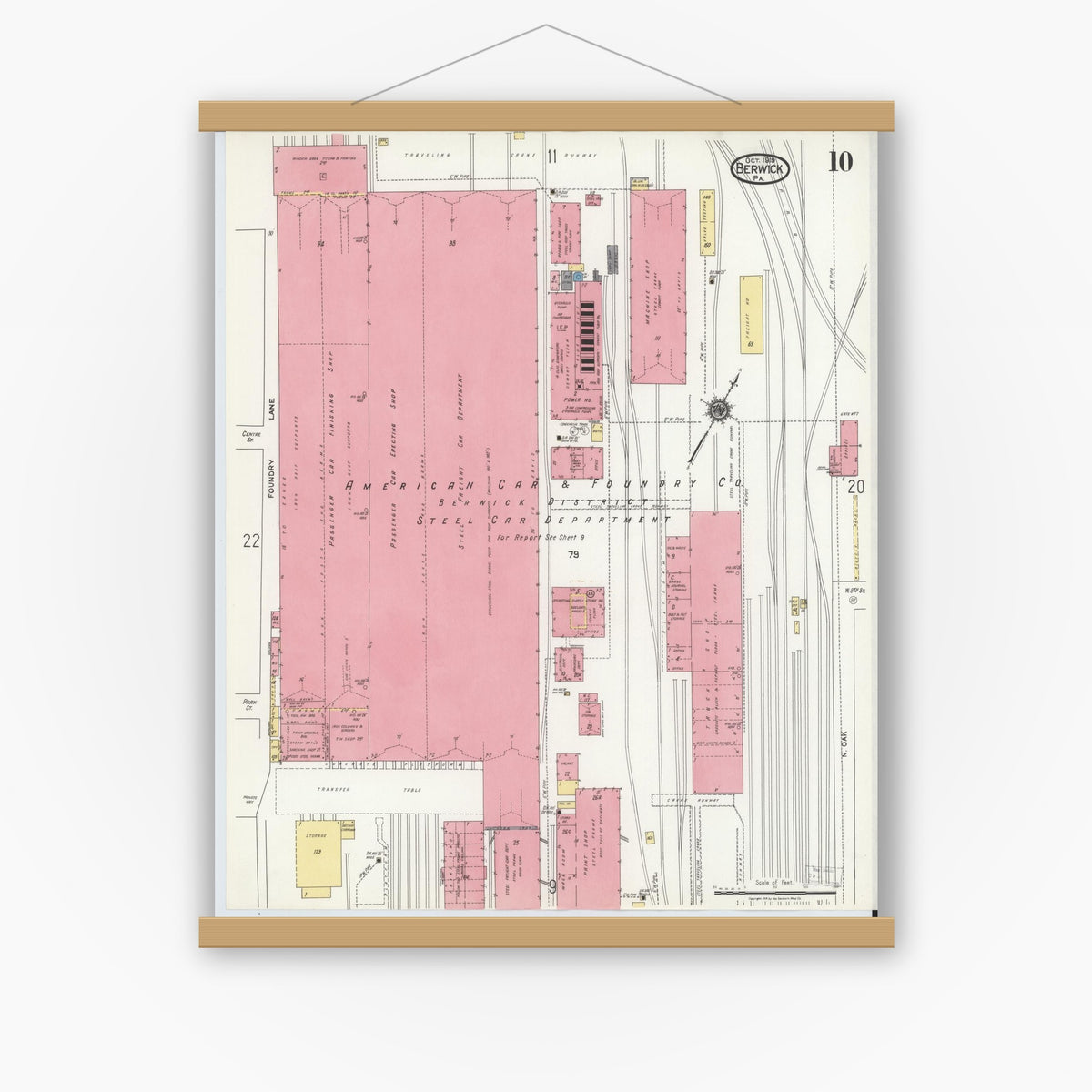 Old map wall art mockup — magnetic wood frame on white wall — Sanborn Fire Insurance Map from Berwick, Columbia County, Pennsylvania (1918), Sheet #0010