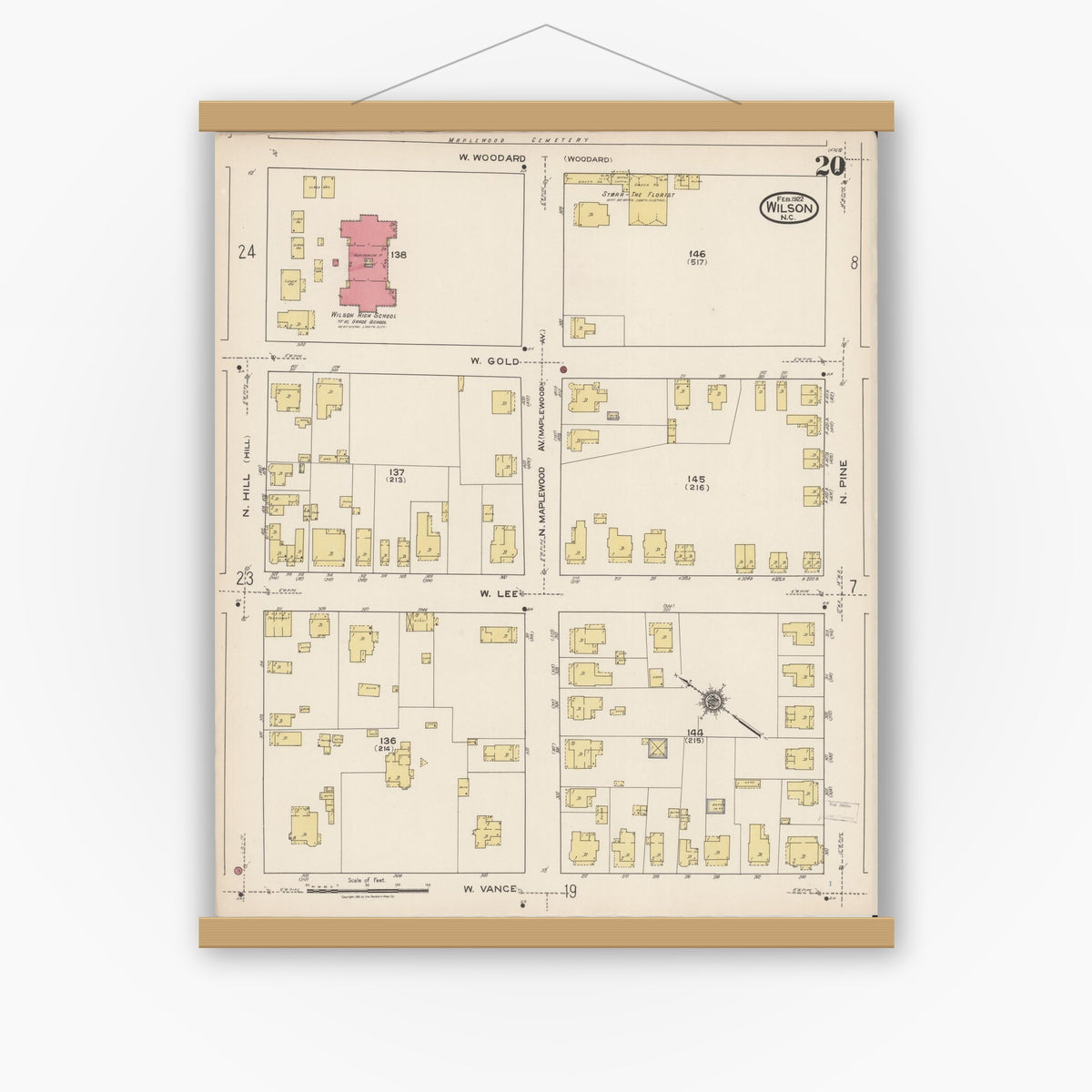 Old map wall art mockup — magnetic wood frame on white wall — Sanborn Fire Insurance Map from Wilson, Wilson County, North Carolina (1922), Sheet #0020