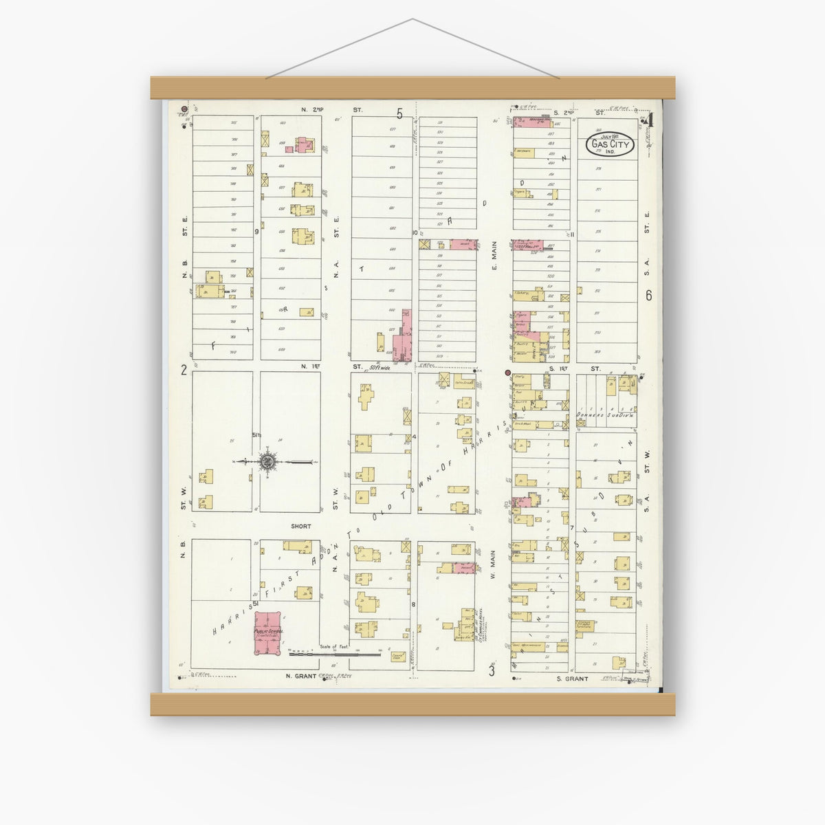 Old map wall art mockup — magnetic wood frame on white wall — Sanborn Fire Insurance Map from Gas City, Grant County, Indiana (1911), Sheet #0004
