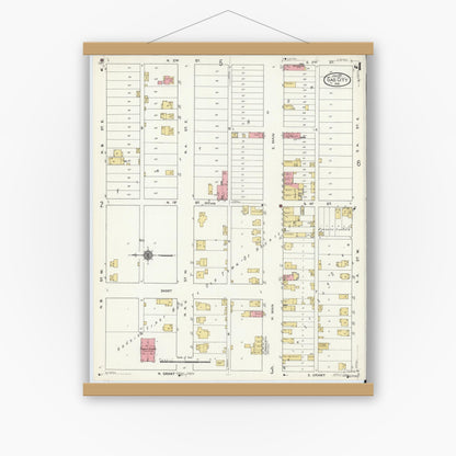 Old map wall art mockup — magnetic wood frame on white wall — Sanborn Fire Insurance Map from Gas City, Grant County, Indiana (1911), Sheet #0004