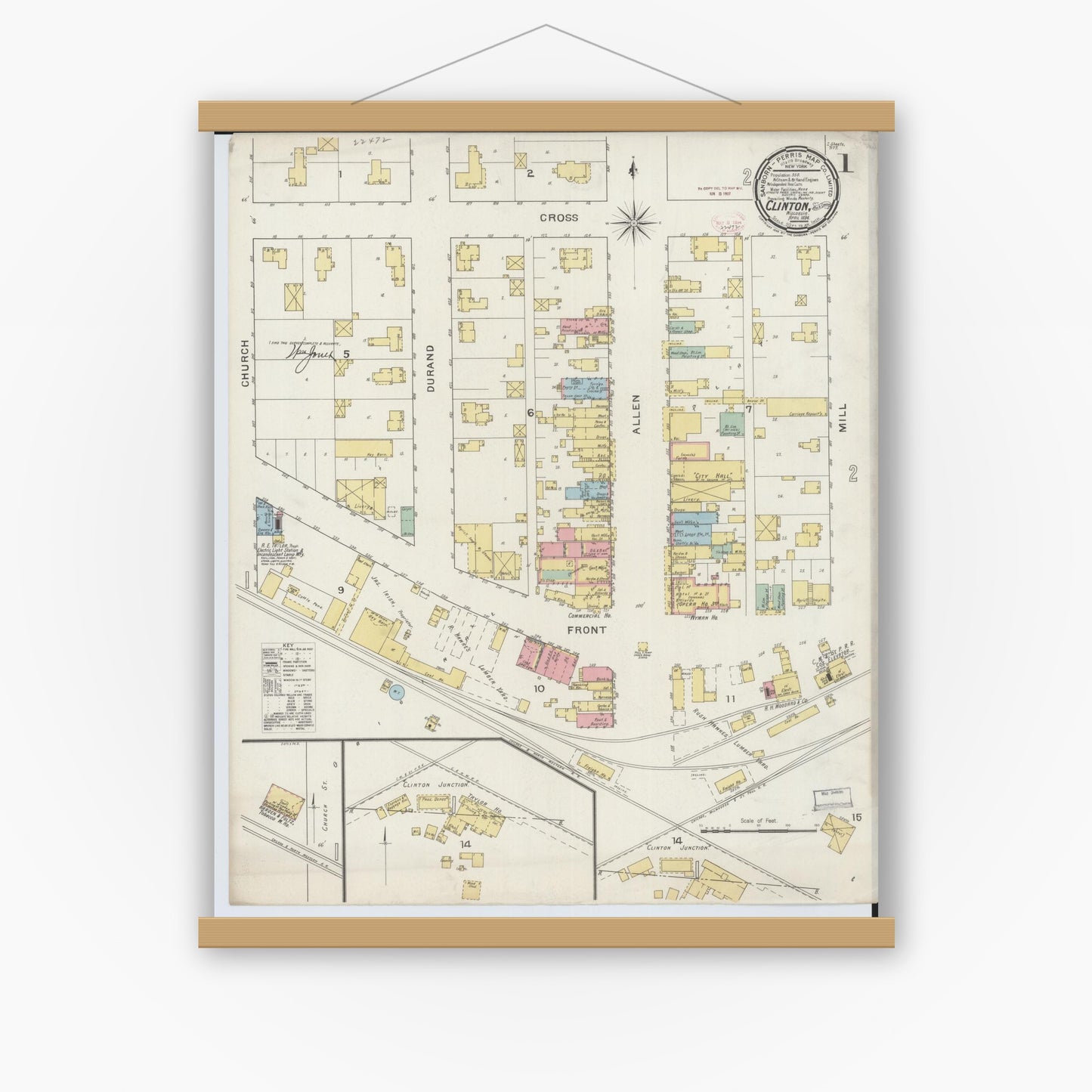 Old map wall art mockup — magnetic wood frame on white wall — Sanborn Fire Insurance Map from Clinton, Rock County, Wisconsin (1894), Sheet #0001