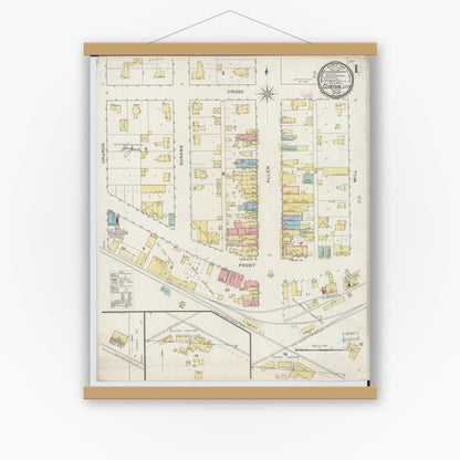 Old map wall art mockup — magnetic wood frame on white wall — Sanborn Fire Insurance Map from Clinton, Rock County, Wisconsin (1894), Sheet #0001