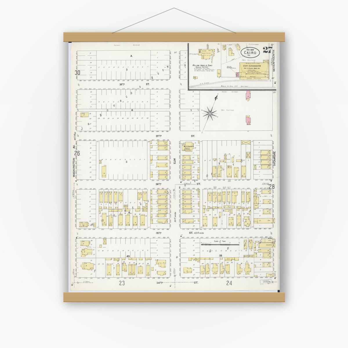 Old map wall art mockup — magnetic wood frame on white wall — Sanborn Fire Insurance Map from Cairo, Alexander County, Illinois (1907), Sheet #0027