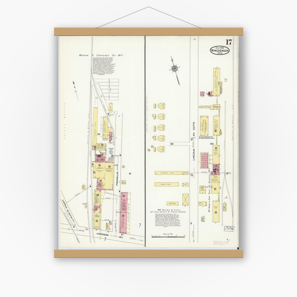 Old map wall art mockup — magnetic wood frame on white wall — Sanborn Fire Insurance Map from Winchendon, Worcester County, Massachusetts (1909), Sheet #0017
