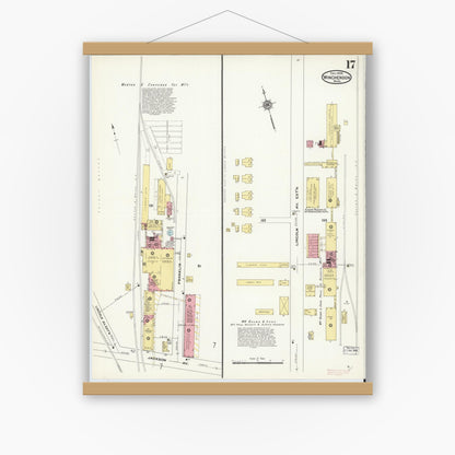 Old map wall art mockup — magnetic wood frame on white wall — Sanborn Fire Insurance Map from Winchendon, Worcester County, Massachusetts (1909), Sheet #0017