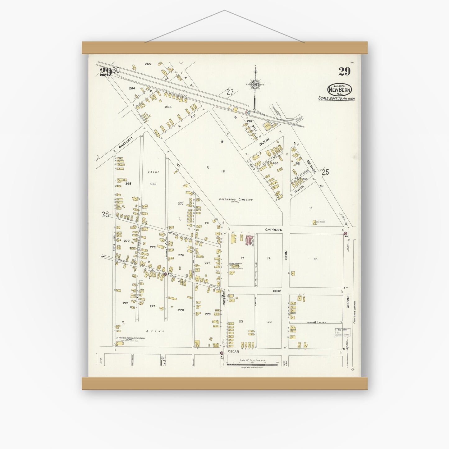 Old map wall art mockup — magnetic wood frame on white wall — Sanborn Fire Insurance Map from New Bern, Craven County, North Carolina (1924), Sheet #0029