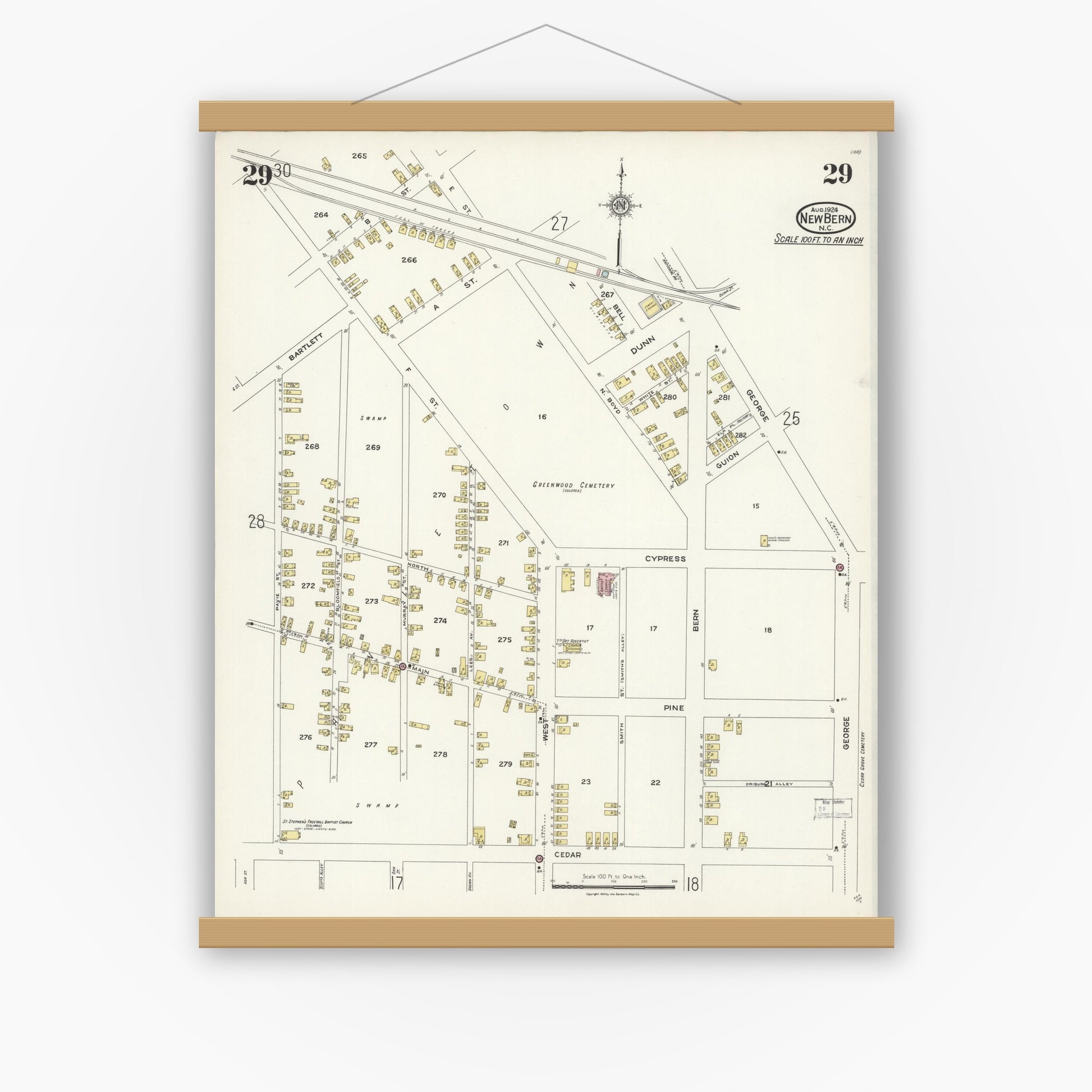 Old map wall art mockup — magnetic wood frame on white wall — Sanborn Fire Insurance Map from New Bern, Craven County, North Carolina (1924), Sheet #0029