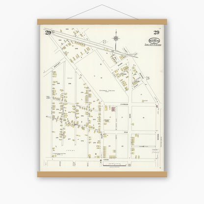 Old map wall art mockup — magnetic wood frame on white wall — Sanborn Fire Insurance Map from New Bern, Craven County, North Carolina (1924), Sheet #0029