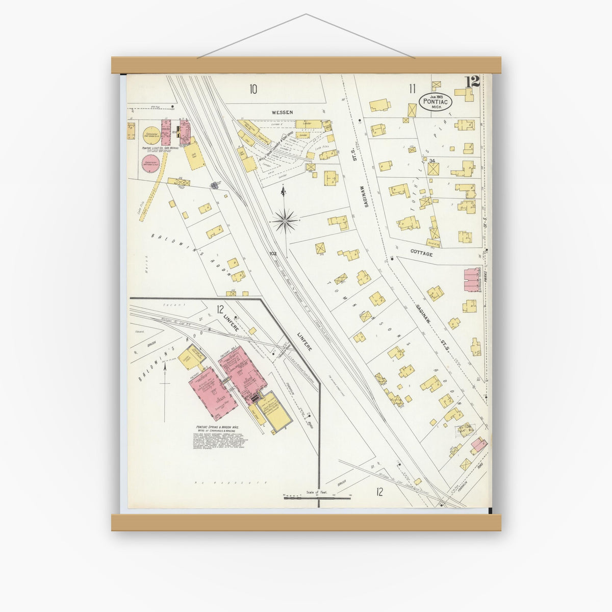 Old map wall art mockup — magnetic wood frame on white wall — Sanborn Fire Insurance Map from Pontiac, Oakland County, Michigan (1903), Sheet #0012
