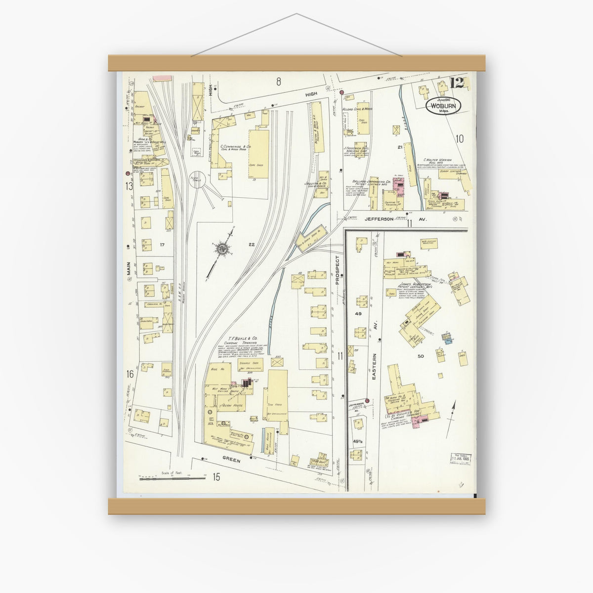 Old map wall art mockup — magnetic wood frame on white wall — Sanborn Fire Insurance Map from Woburn, Middlesex County, Massachusetts (1910), Sheet #0012
