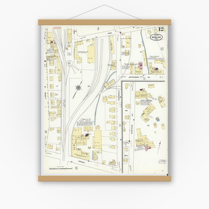 Old map wall art mockup — magnetic wood frame on white wall — Sanborn Fire Insurance Map from Woburn, Middlesex County, Massachusetts (1910), Sheet #0012