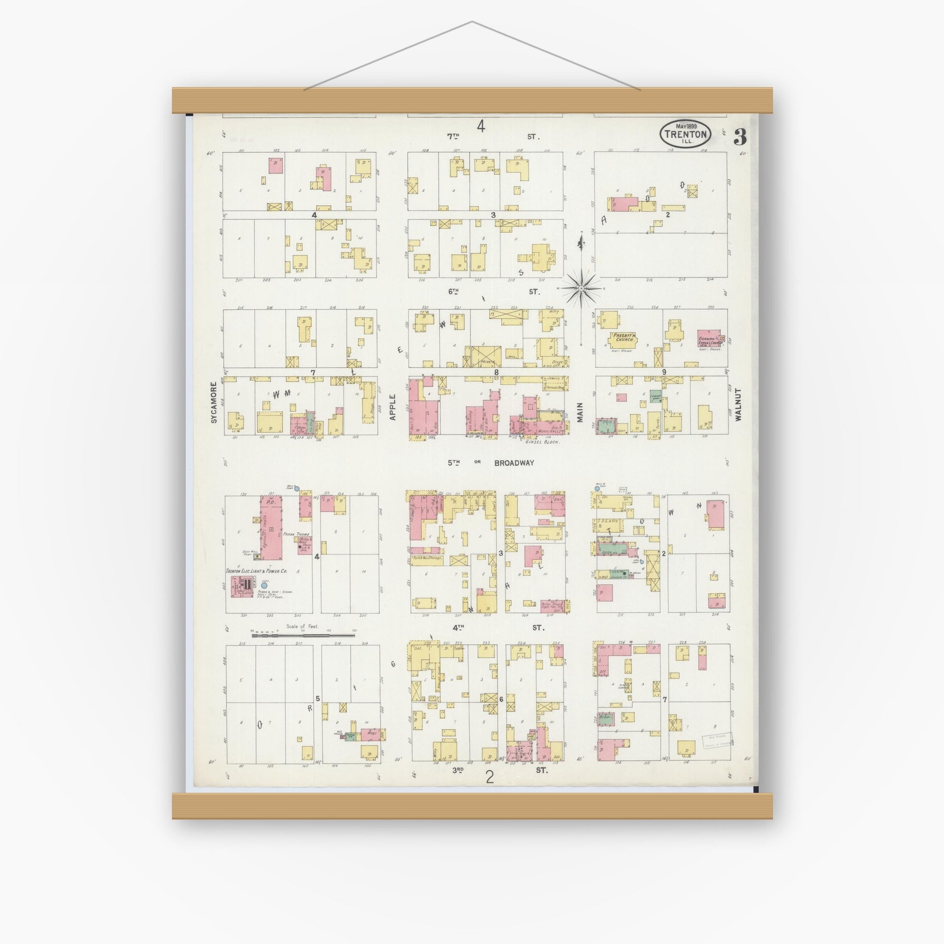 Old map wall art mockup — magnetic wood frame on white wall — Sanborn Fire Insurance Map from Trenton, Clinton County, Illinois (1899), Sheet #0003