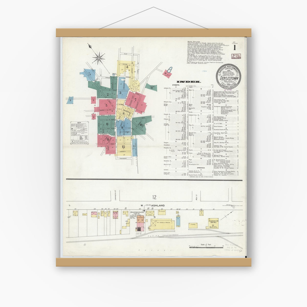 Old map wall art mockup — magnetic wood frame on white wall — Sanborn Fire Insurance Map from Doylestown, Bucks County, Pennsylvania (1909), Sheet #0001