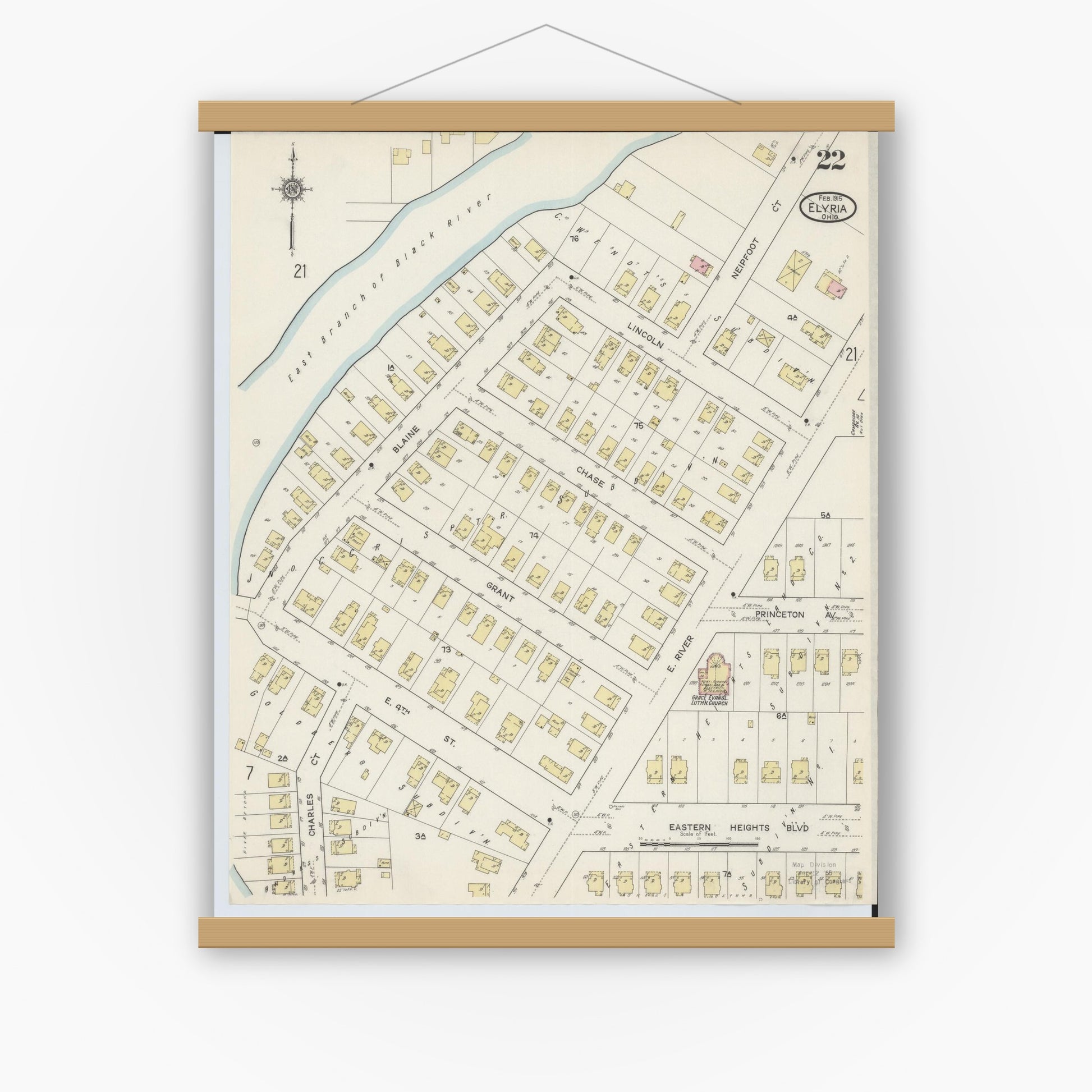 Old map wall art mockup — magnetic wood frame on white wall — Sanborn Fire Insurance Map from Elyria, Lorain County, Ohio (1915), Sheet #0022