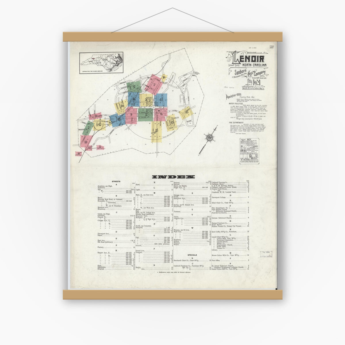 Old map wall art mockup — magnetic wood frame on white wall — Sanborn Fire Insurance Map from Lenoir, Caldwell County, North Carolina (1921), Sheet #0001