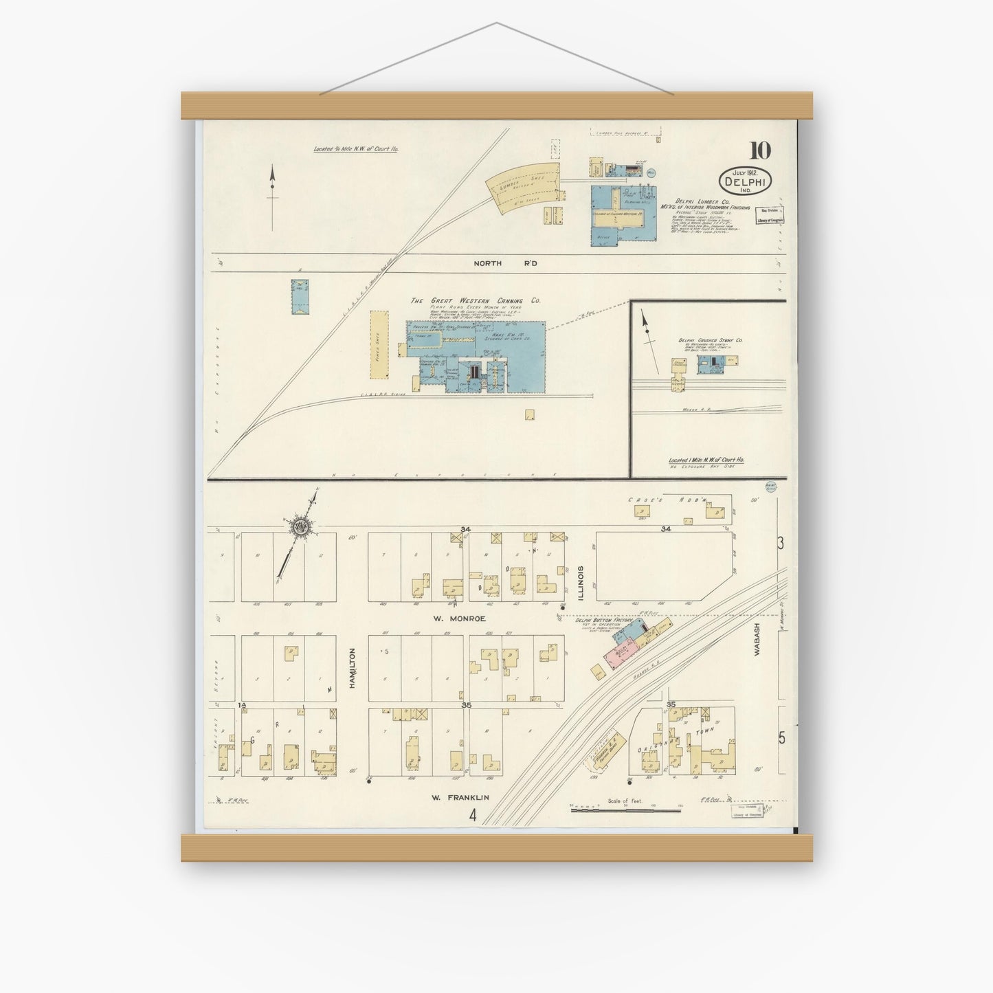 Old map wall art mockup — magnetic wood frame on white wall — Sanborn Fire Insurance Map from Delphi, Carroll County, Indiana (1912), Sheet #0010