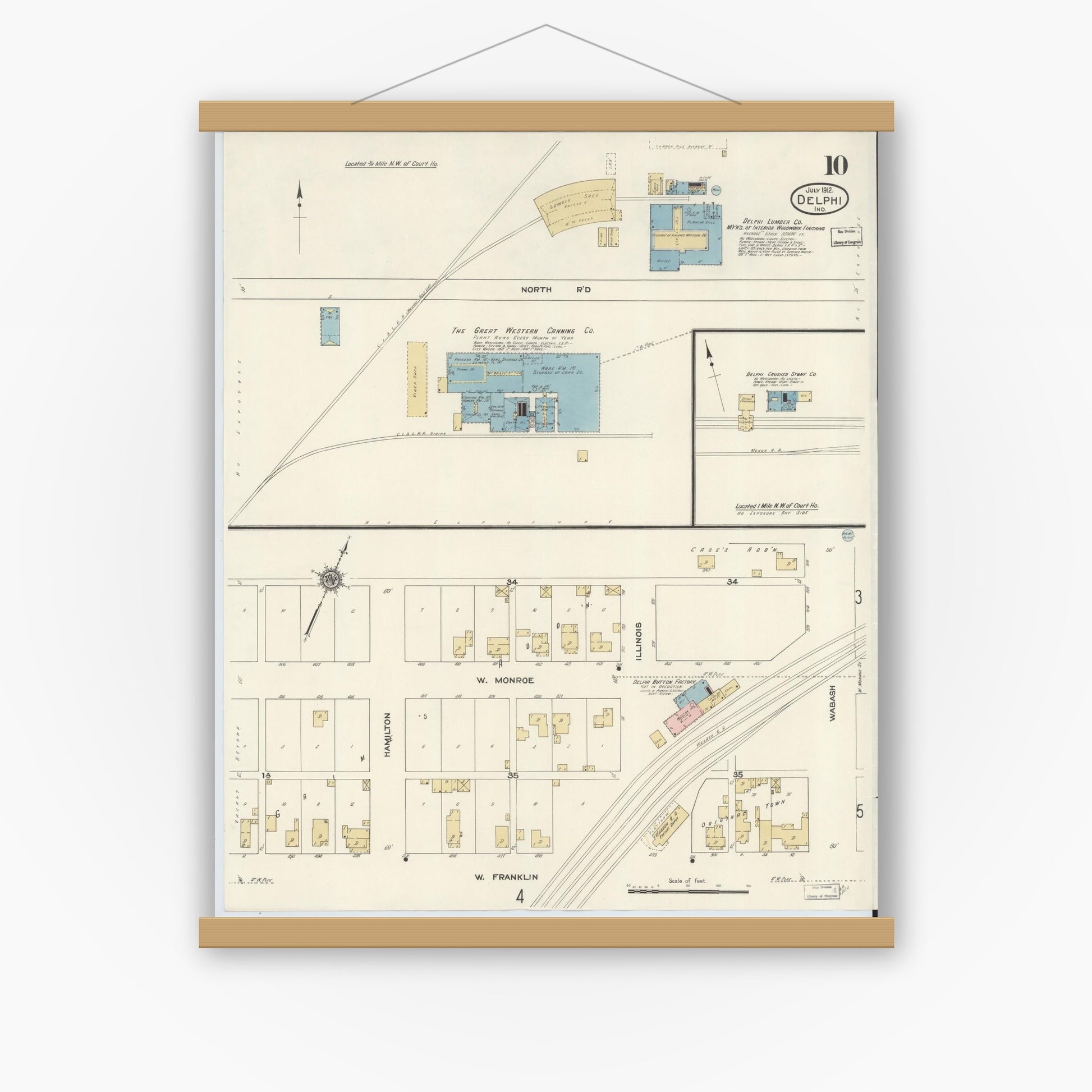 Old map wall art mockup — magnetic wood frame on white wall — Sanborn Fire Insurance Map from Delphi, Carroll County, Indiana (1912), Sheet #0010