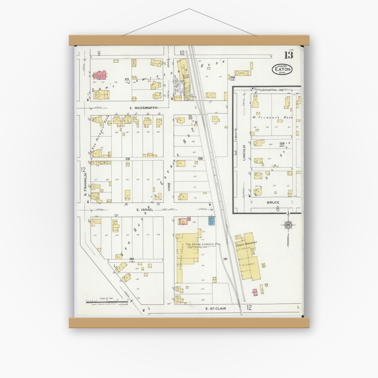 Old map wall art mockup — magnetic wood frame on white wall — Sanborn Fire Insurance Map from Eaton, Preble County, Ohio (1921), Sheet #0013
