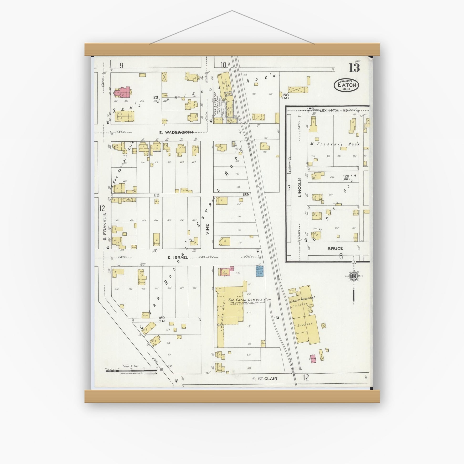 Old map wall art mockup — magnetic wood frame on white wall — Sanborn Fire Insurance Map from Eaton, Preble County, Ohio (1921), Sheet #0013