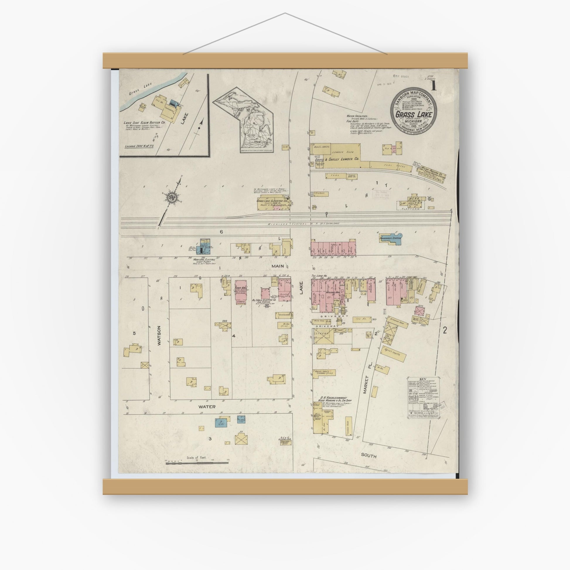 Old map wall art mockup — magnetic wood frame on white wall — Sanborn Fire Insurance Map from Grass Lake, Jackson County, Michigan (1913) - Complete Map Set