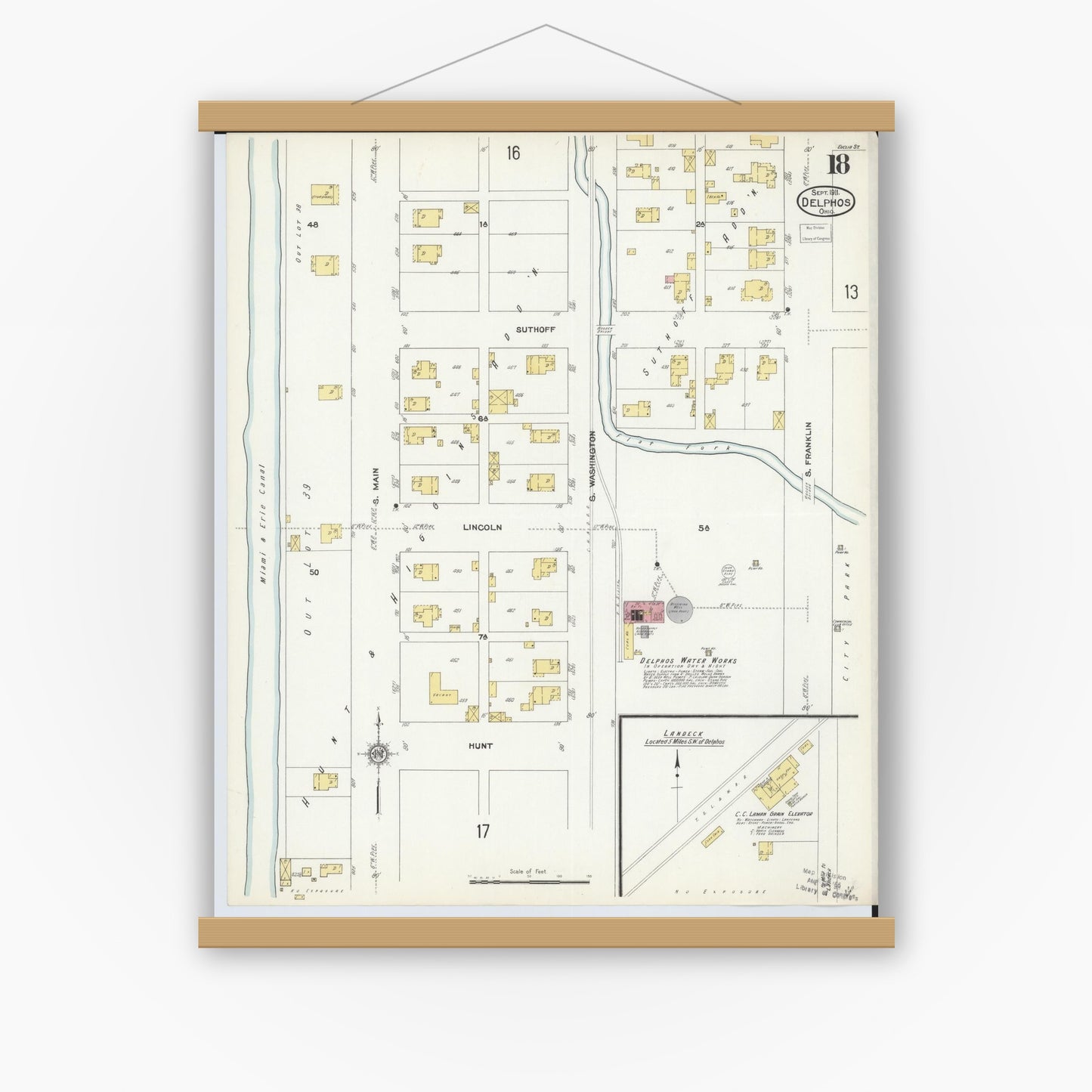 Old map wall art mockup — magnetic wood frame on white wall — Sanborn Fire Insurance Map from Delphos, Van Wert And Allen Counties, Ohio (1911), Sheet #0018