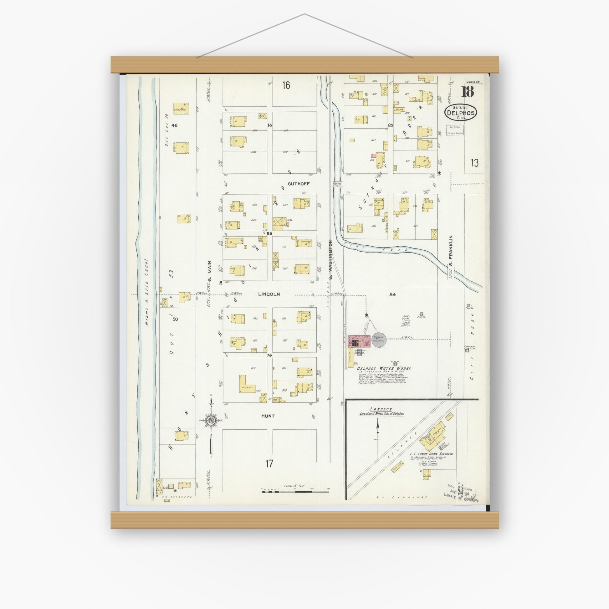 Old map wall art mockup — magnetic wood frame on white wall — Sanborn Fire Insurance Map from Delphos, Van Wert And Allen Counties, Ohio (1911), Sheet #0018