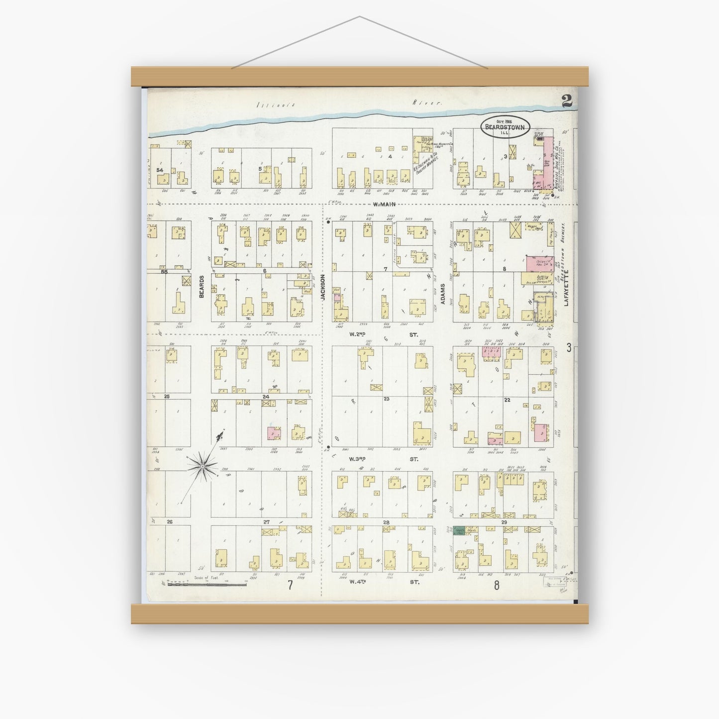 Old map wall art mockup — magnetic wood frame on white wall — Sanborn Fire Insurance Map from Beardstown, Cass County, Illinois (1906), Sheet #0002