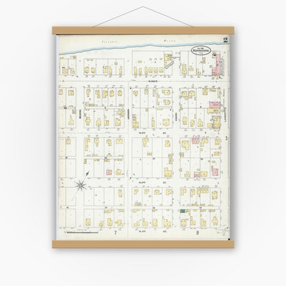 Old map wall art mockup — magnetic wood frame on white wall — Sanborn Fire Insurance Map from Beardstown, Cass County, Illinois (1906), Sheet #0002