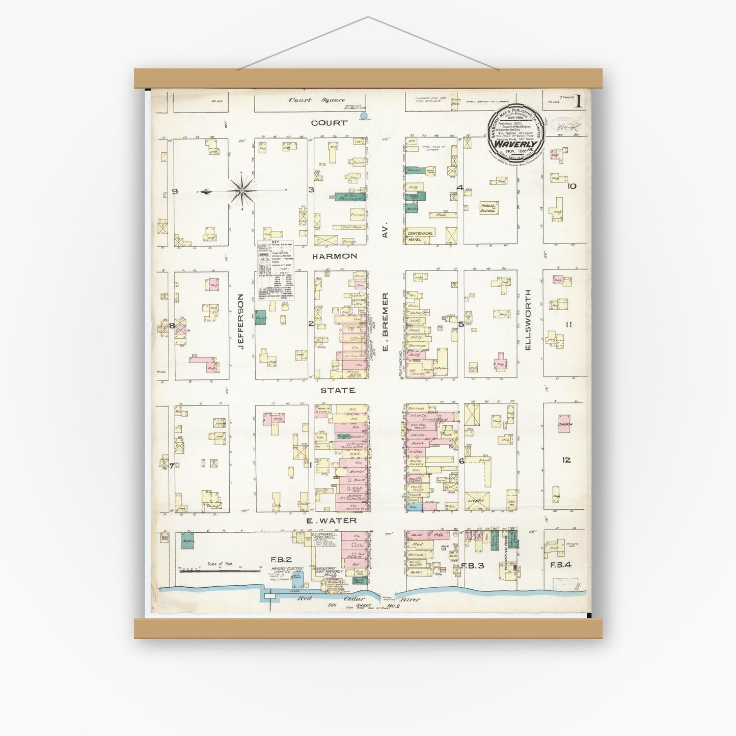 Old map wall art mockup — magnetic wood frame on white wall — Sanborn Fire Insurance Map from Waverly, Bremer County, Iowa (1885) â€” Complete Set