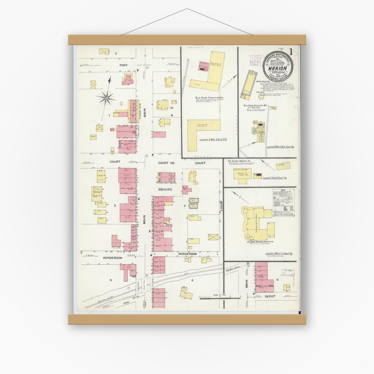 Old map wall art mockup — magnetic wood frame on white wall — Sanborn Fire Insurance Map from Marion, Mcdowell County, North Carolina (1908) - Complete Map Set