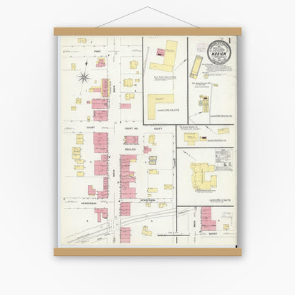 Old map wall art mockup — magnetic wood frame on white wall — Sanborn Fire Insurance Map from Marion, Mcdowell County, North Carolina (1908) - Complete Map Set