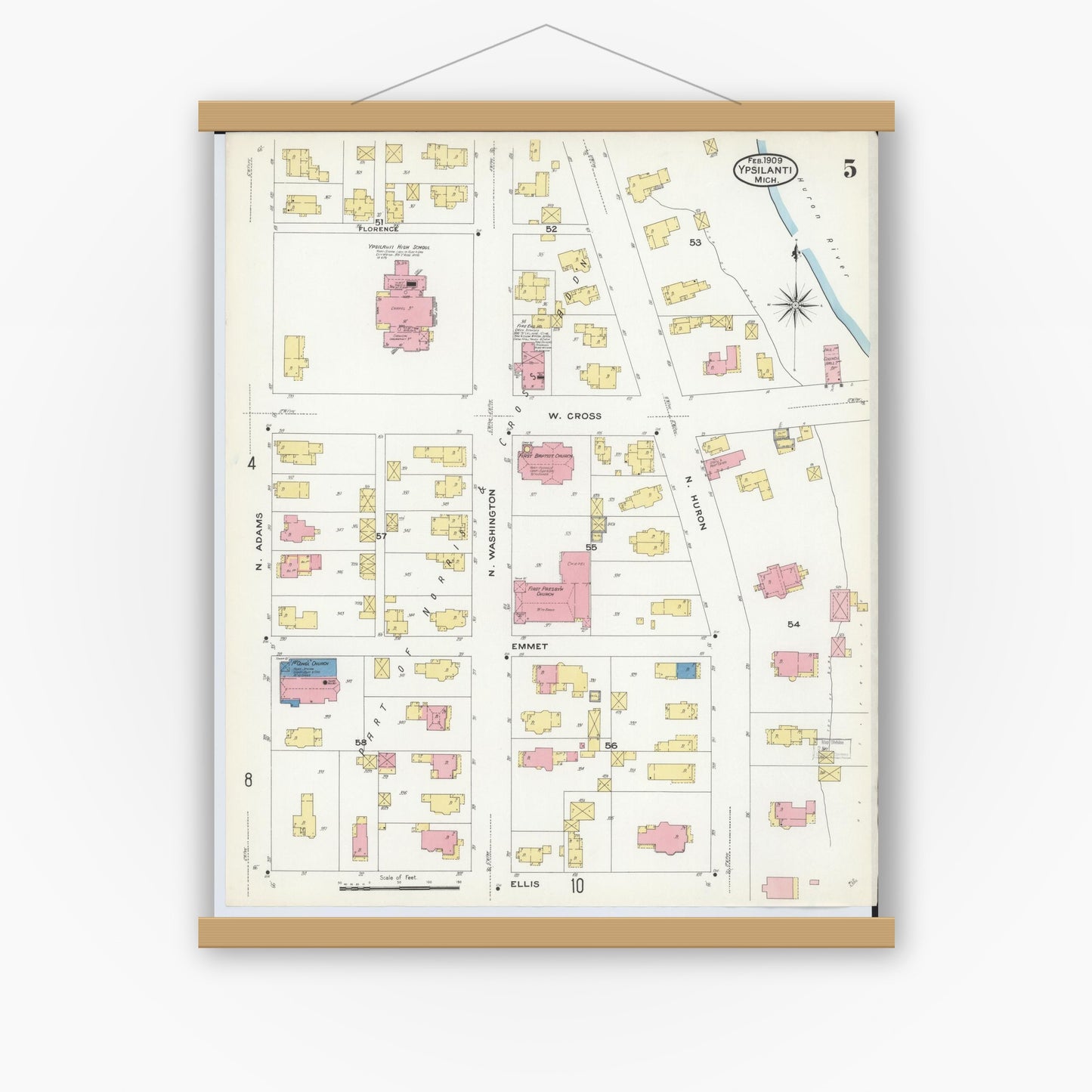 Old map wall art mockup — magnetic wood frame on white wall — Sanborn Fire Insurance Map from Ypsilanti, Washtenaw County, Michigan (1909), Sheet #0005