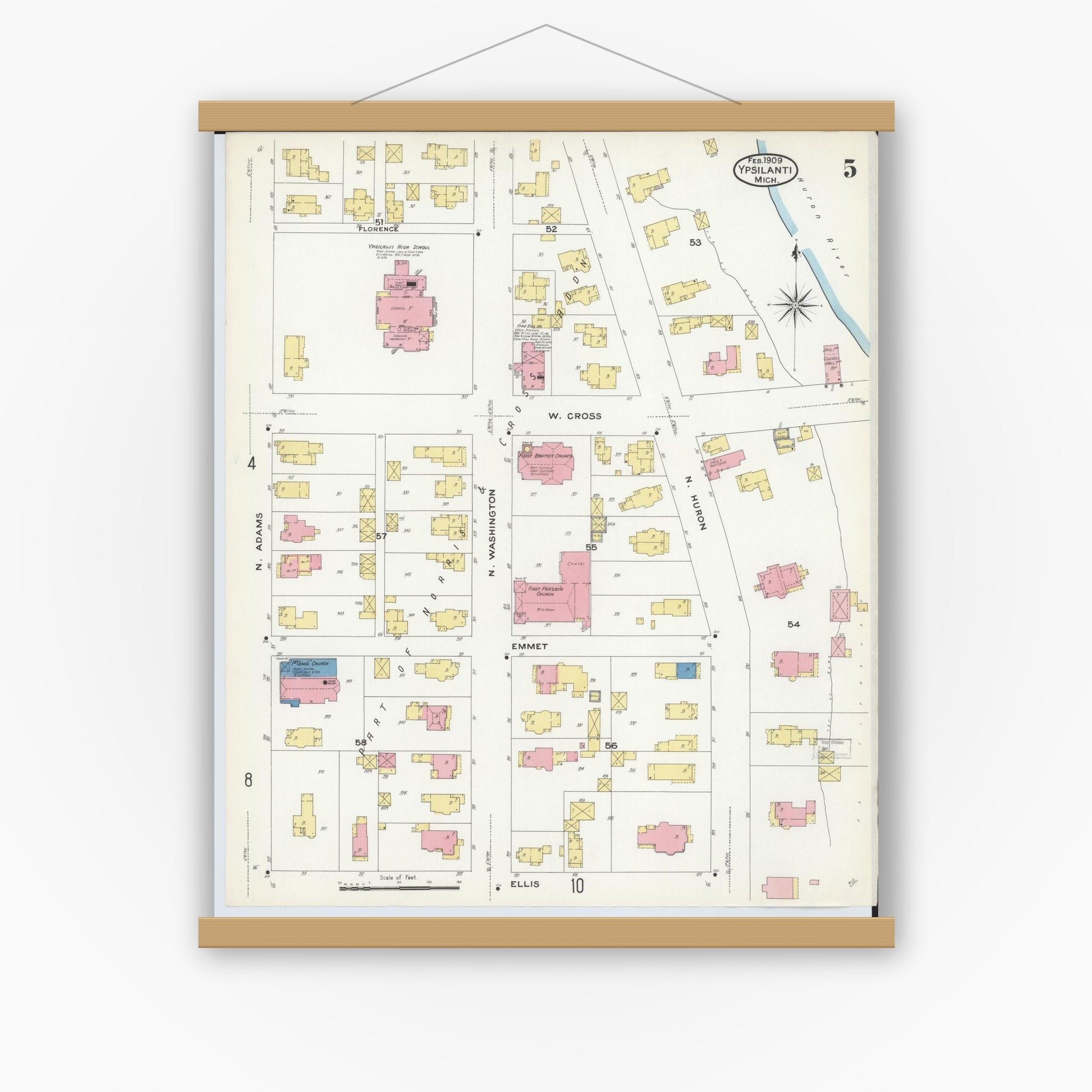 Old map wall art mockup — magnetic wood frame on white wall — Sanborn Fire Insurance Map from Ypsilanti, Washtenaw County, Michigan (1909), Sheet #0005