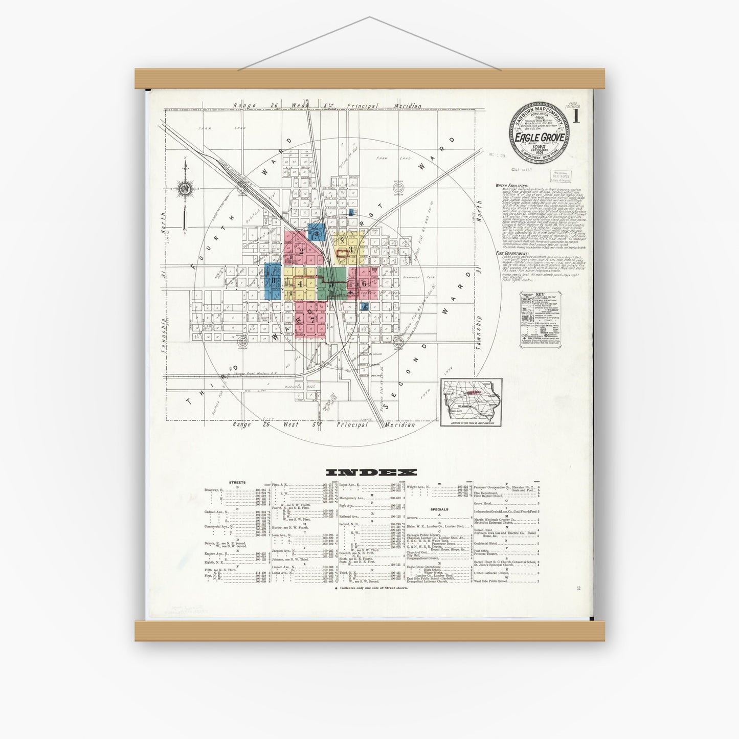 Old map wall art mockup — magnetic wood frame on white wall — Sanborn Fire Insurance Map from Eagle Grove, Wright County, Iowa (1921) â€” Complete Set