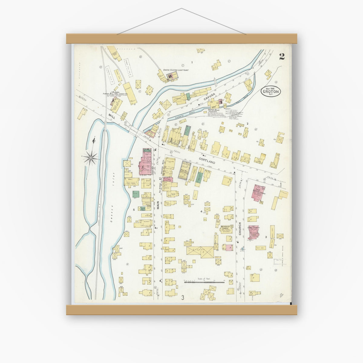 Old map wall art mockup — magnetic wood frame on white wall — Sanborn Fire Insurance Map from Groton, Tomkins County, New York (1908), Sheet #0002
