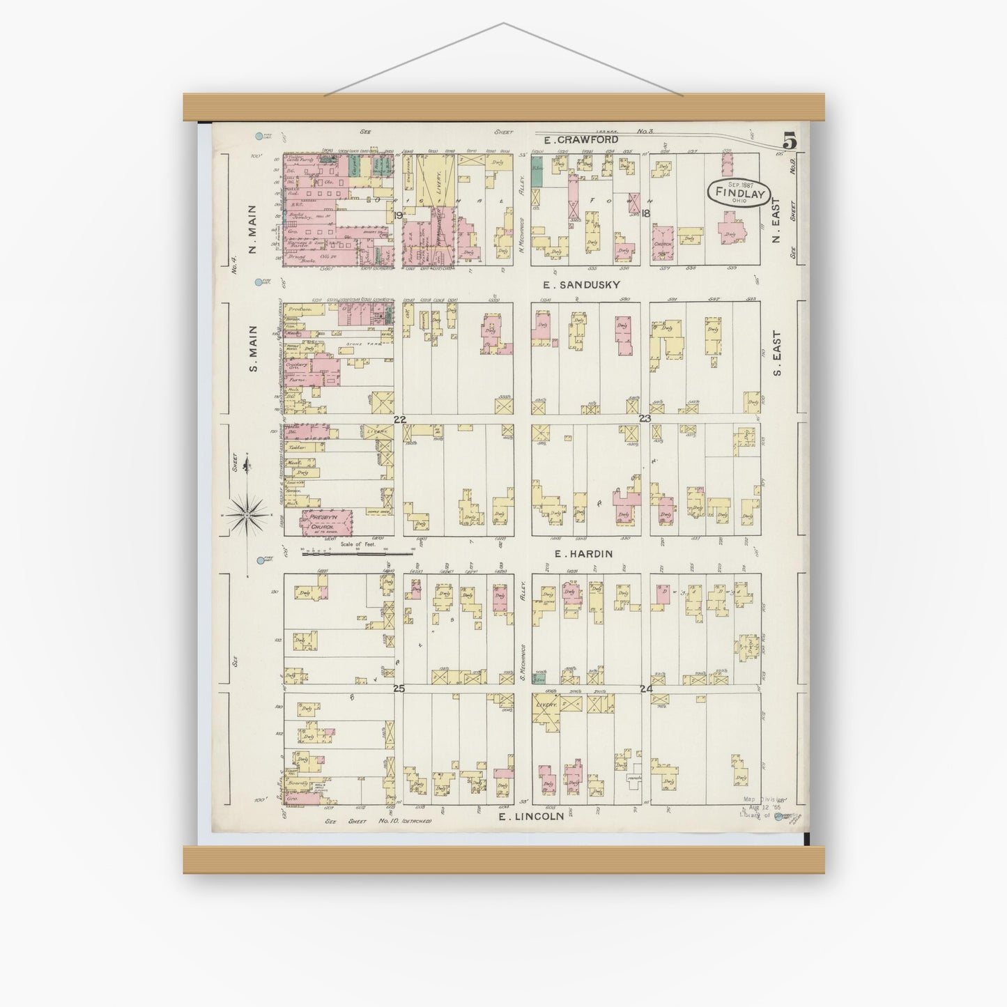 Old map wall art mockup — magnetic wood frame on white wall — Sanborn Fire Insurance Map from Findlay, Hancock County, Ohio (1887), Sheet #0005