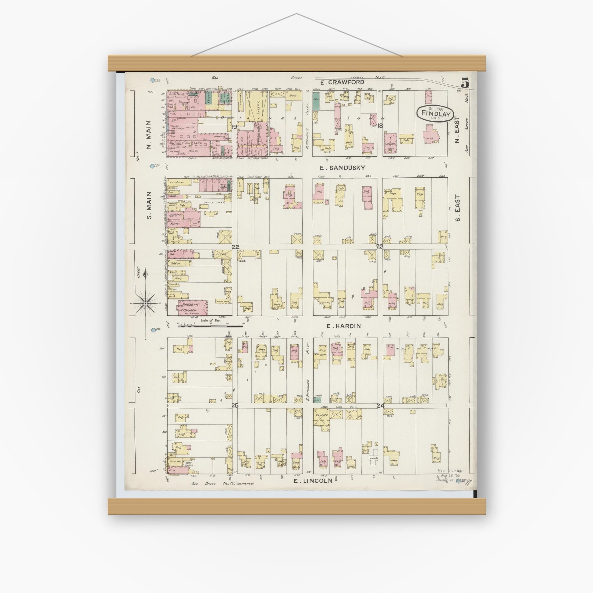 Old map wall art mockup — magnetic wood frame on white wall — Sanborn Fire Insurance Map from Findlay, Hancock County, Ohio (1887), Sheet #0005